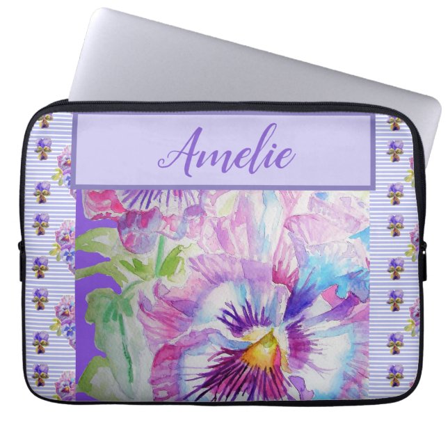 Pansy Purple Watercolor Pretty Floral Flower Laptop Sleeve (Front)