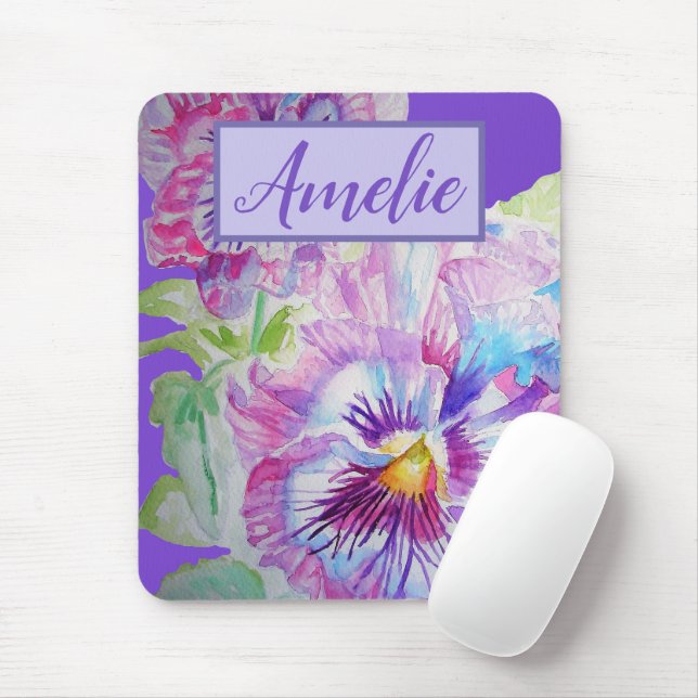 Pansy Purple Watercolor Pretty Floral Flower Mouse Mat (With Mouse)