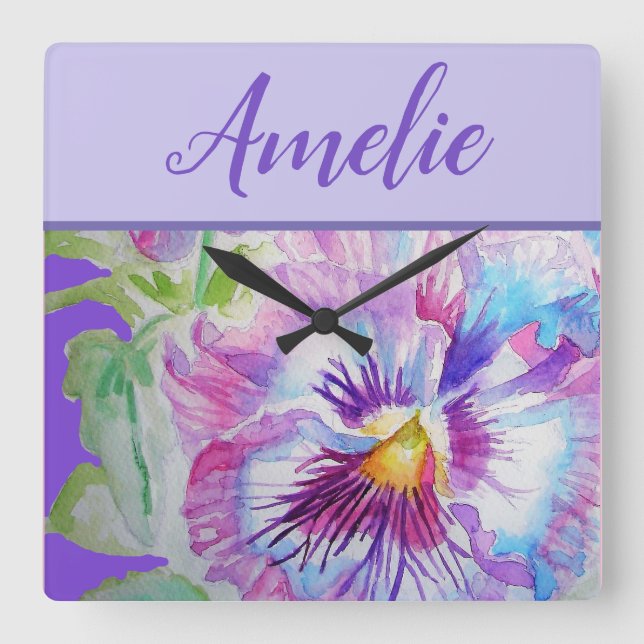 Pansy Purple Watercolor Pretty Floral Flower Square Wall Clock (Front)