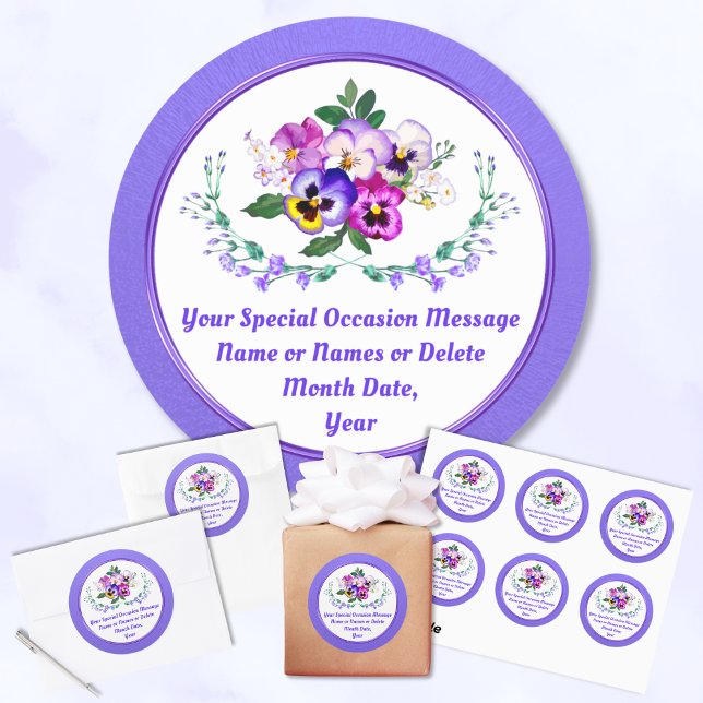 Pansy Stickers for Birthday, Anniversary, Wedding (Floral themed birthday party. Personalized birthday stickers, for her. Flower 1st birthday theme.)