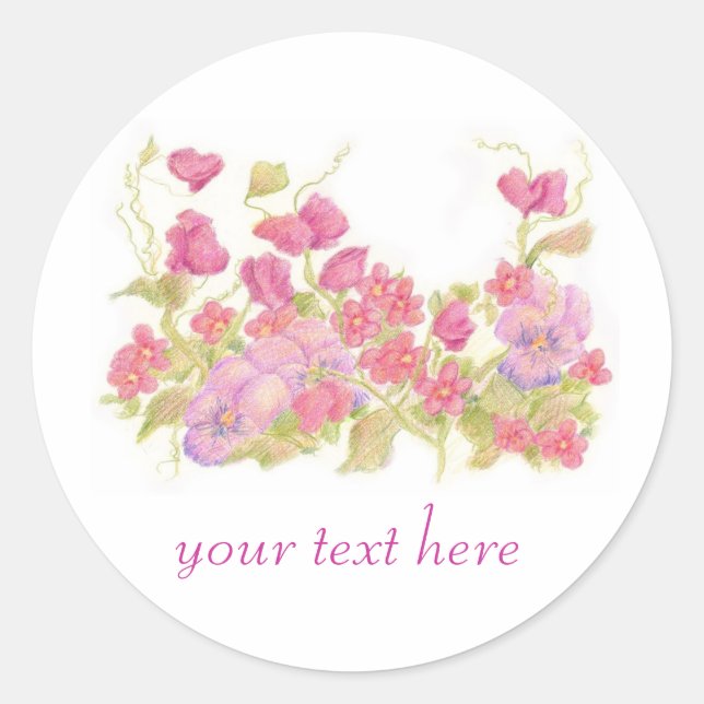 Pansy Sweet Peas Garden Custom Name Classic Round Sticker (Front)