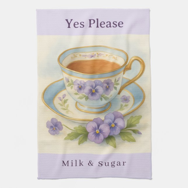 Pansy Teacup Tea Towel | Yes Please Milk & Sugar (Vertical)
