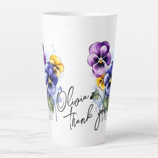 Pansy "Thank you!" Editable Slogan & Name Latte Mug (Front)