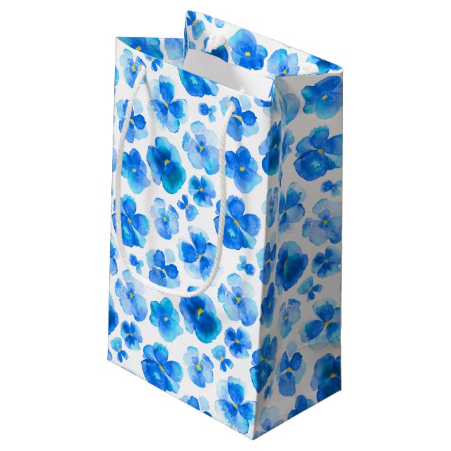 Pansy viola blue white watercolor art gift bag (Back Angled)
