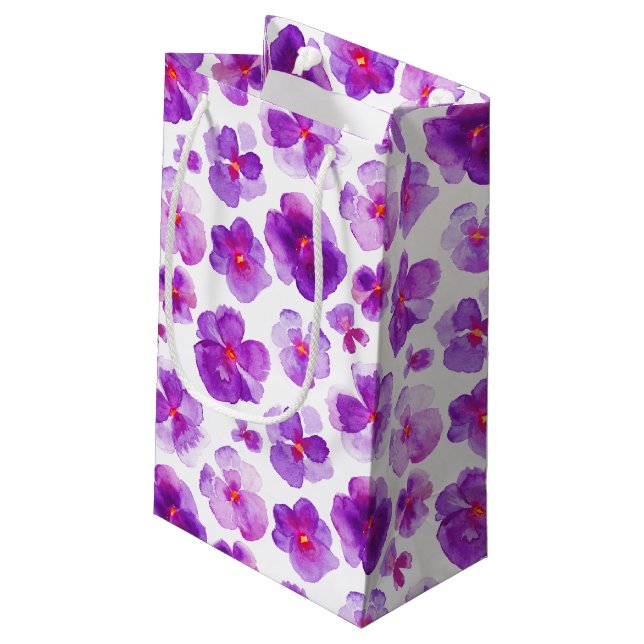 Pansy viola purple white watercolor art gift bag (Back Angled)