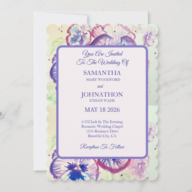 Pansy Watercolor Flower Floral Wedding Invitation (Front)