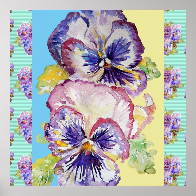 Pansy Watercolor Flower Painting Aqua Poster (Front)