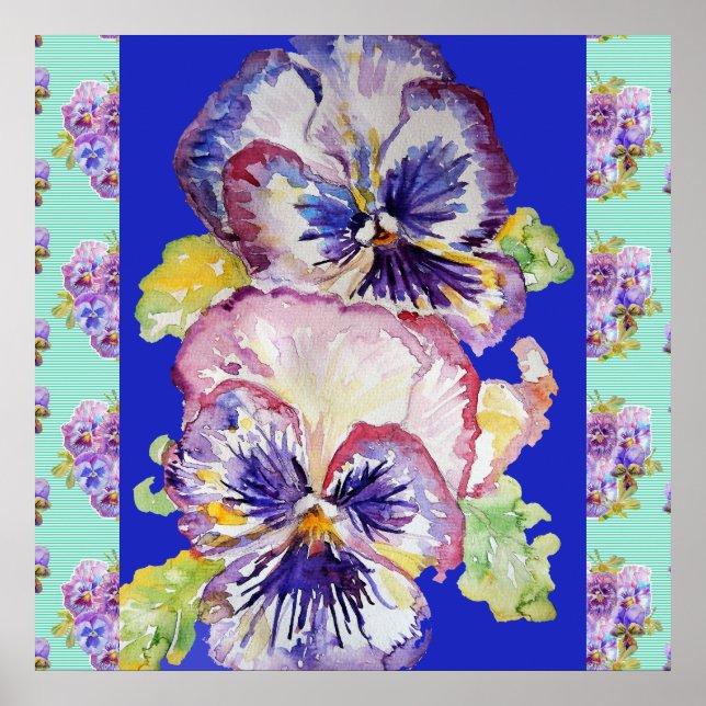 Pansy Watercolor Flower Painting Navy blue Poster (Front)