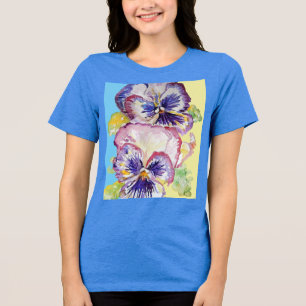 Pansy Watercolor Pattern on Pink and Pale Yellow Tri-Blend Shirt