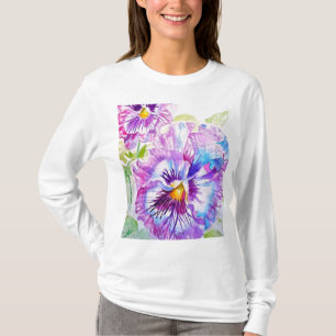 Pansy Watercolor Pattern on Purple Blue Pansies T-Shirt