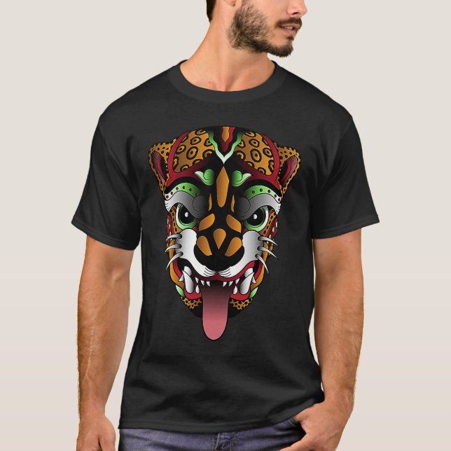 Panther Huichol Sugar Skull Mexican Aztec Ocelot A T-Shirt (Front)