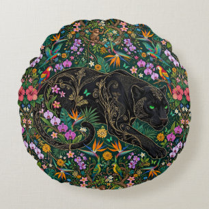 Panther on the Prowl Surreal Jungle Round Cushion