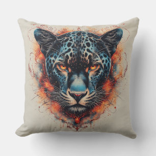Panther Portrait with Abstract Fiery Elements Cushion