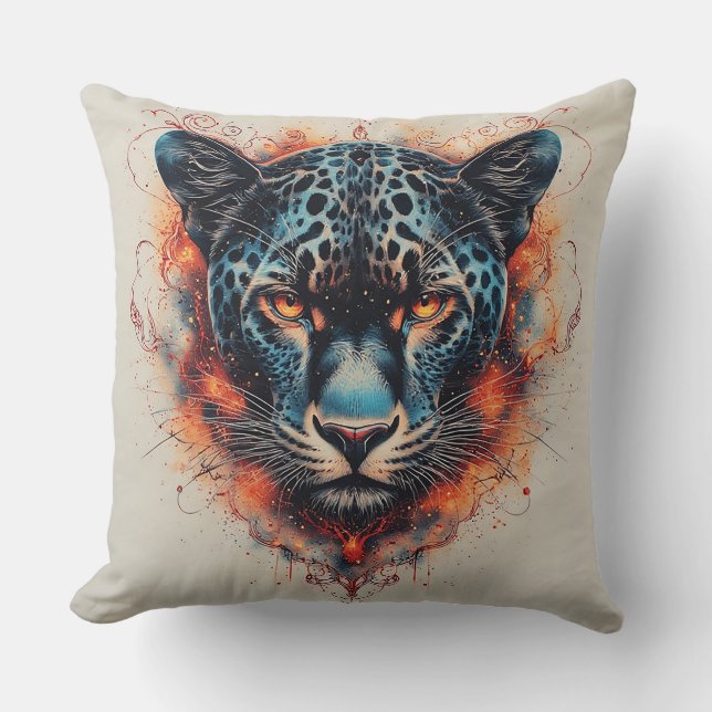 Panther Portrait with Abstract Fiery Elements Cushion (Front)