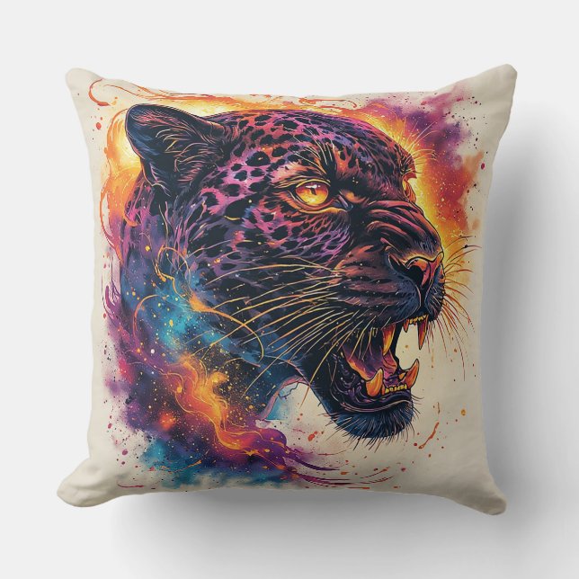 Panther Portrait with Abstract Fiery Elements Cushion (Front)