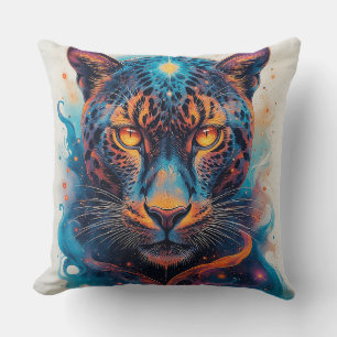 Panther Portrait with Abstract Fiery Elements Cushion