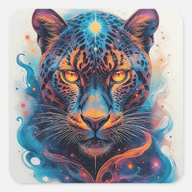 Panther Portrait with Abstract Fiery Elements Square Sticker (Front)