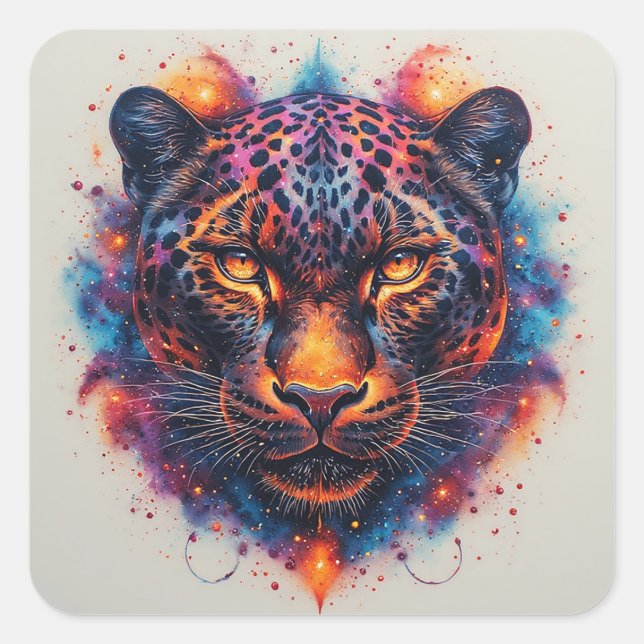 Panther Portrait with Abstract Fiery Elements Square Sticker (Front)