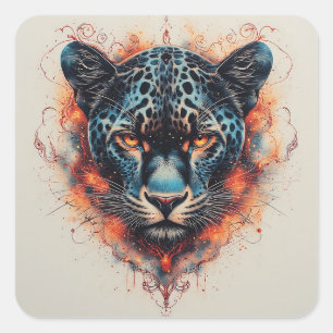 Panther Portrait with Abstract Fiery Elements Square Sticker