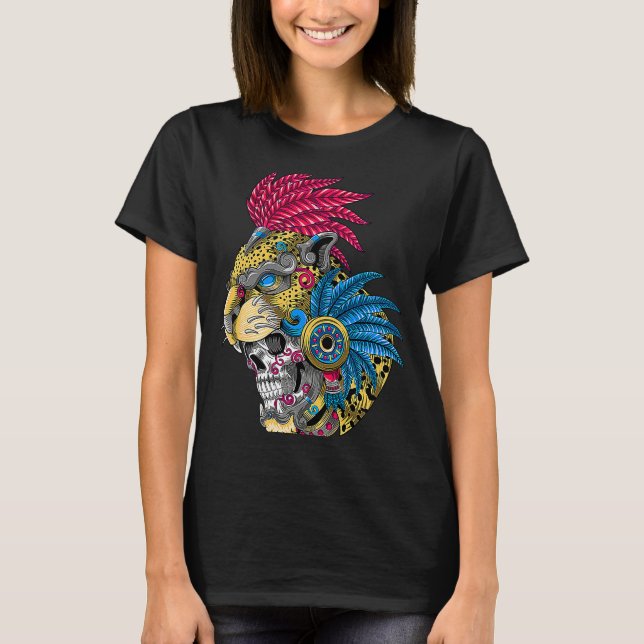 Panther Skull Huichol Mexican Ocelot Quetzal ON BA T-Shirt (Front)