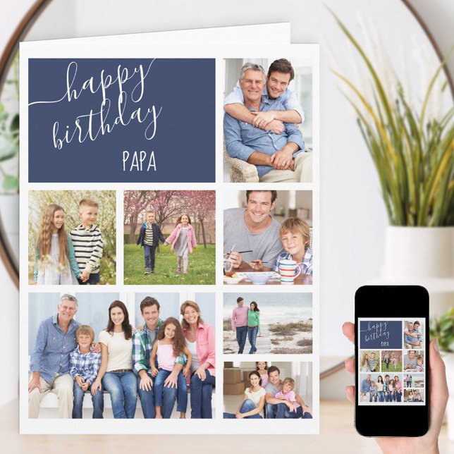 Papa 7 Photo Collage Blue Personalised Birthday Card (Creator Uploaded)