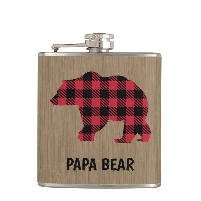 Papa Bear Buffalo Plaid Vinyl Wrapped Flask (Front)