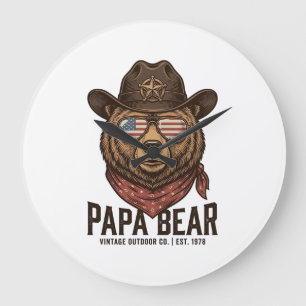 Papa Bear Cowboy Bear Patriotic Vintage Vector Des Large Clock