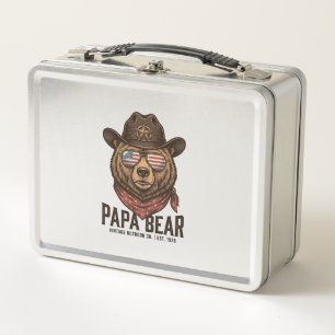 Papa Bear Cowboy Bear Patriotic Vintage Vector Des Metal Lunch Box