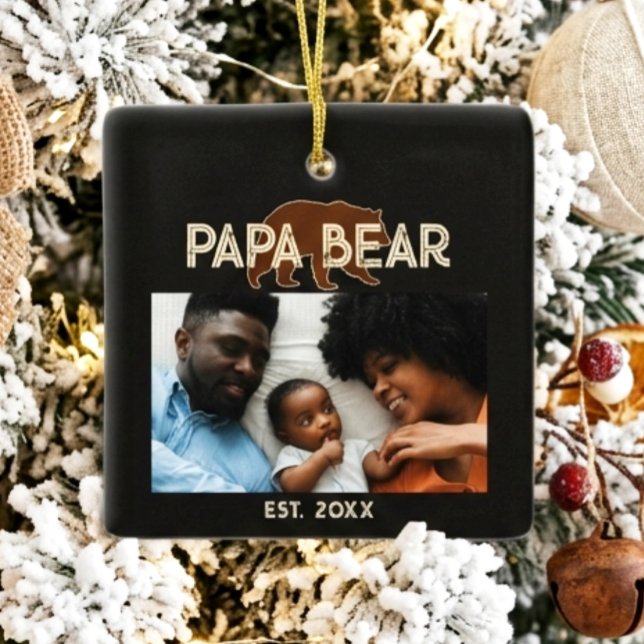 Papa Bear Father Year Established Photo Black Ceramic Ornament (Creator Uploaded)