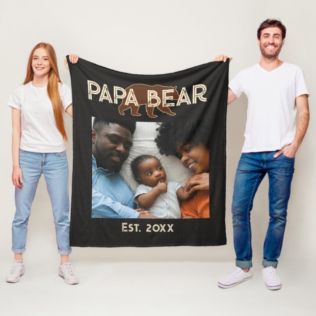 Papa Bear Father Year Established Photo Black Fleece Blanket (In Situ)