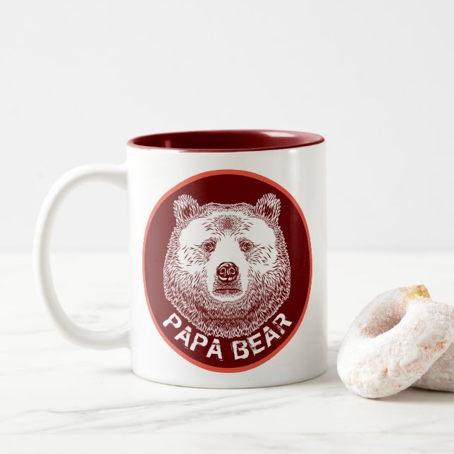 Papa Bear, Hand Drawn Illustration Two-Tone Coffee Mug (With Donut)
