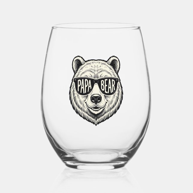 Papa Bear Sunglasses Bear Head Vector Design_1 Stemless Wine Glass (Front)