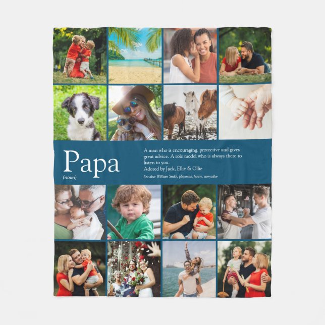 Papa Definition Quote Photo Collage Blue Fleece Blanket (Front)