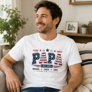 Papa Est 2026 USA Patriotic Flag Custom Kids Name T-Shirt