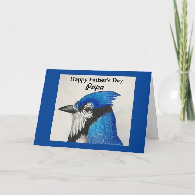 Papa Fathers Day Blue Jay Bird Painting Blue Black Card (Front)