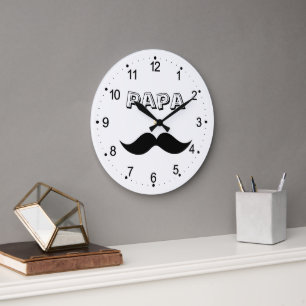Papa Men's Moustache Black & White Large Clock