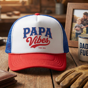 Papa Vibes Red Blue Retro Trucker Design Hat