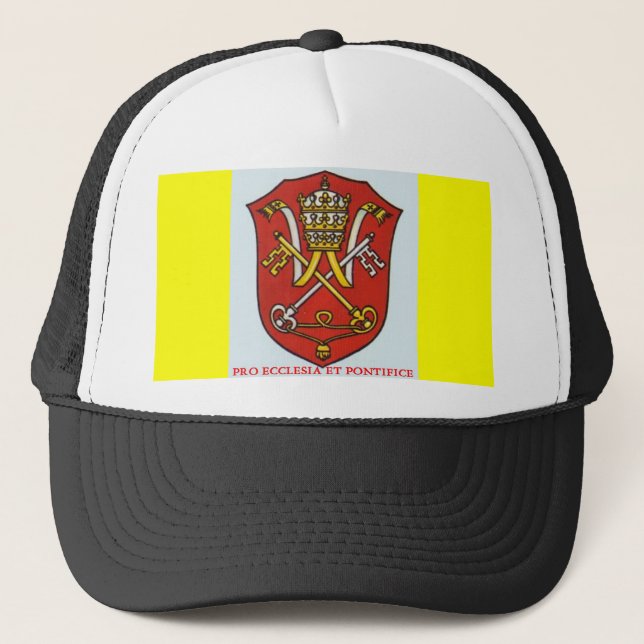 PAPAL TRADITIONAL CATHOLIC COAT OF ARMS TRUCKER HAT (Front)
