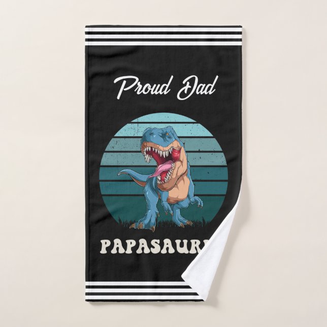 Papasaurus Funny Dinosaur on Green Retro Sunset Bath Towel Set (Hand Towel)