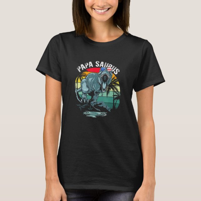 Papasaurus T Rex Dinosaur Papa Saurus Us Flag Fami T-Shirt (Front)
