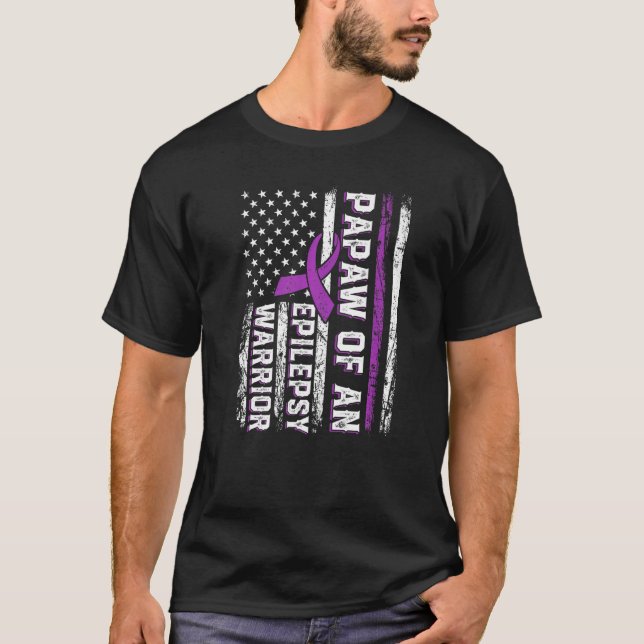 Papaw of a Warrior Epilepsy Purple Ribbon Support  T-Shirt (Front)