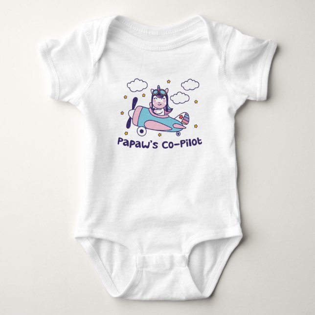 Papaw's Co-Pilot - Unicorn Aeroplane Baby Bodysuit (Front)