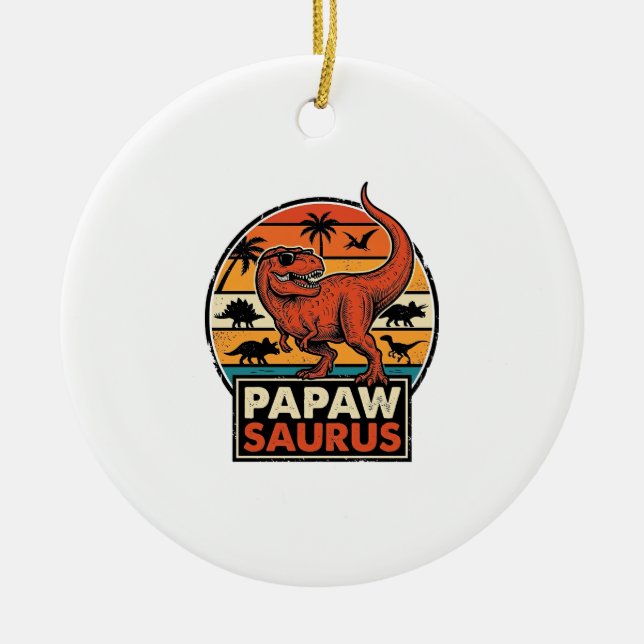 Papawsaurus Retro Dinosaur Sunset Vector Design_1 Ceramic Tree Decoration (Front)