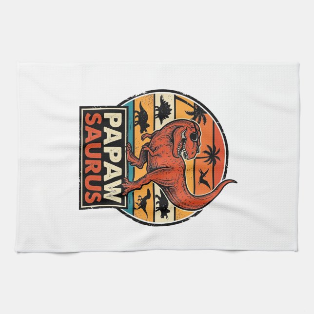Papawsaurus Retro Dinosaur Sunset Vector Design_1 Tea Towel (Horizontal)
