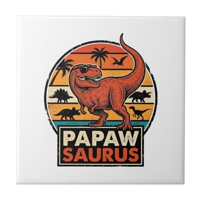 Papawsaurus Retro Dinosaur Sunset Vector Design_1 Tile (Front)