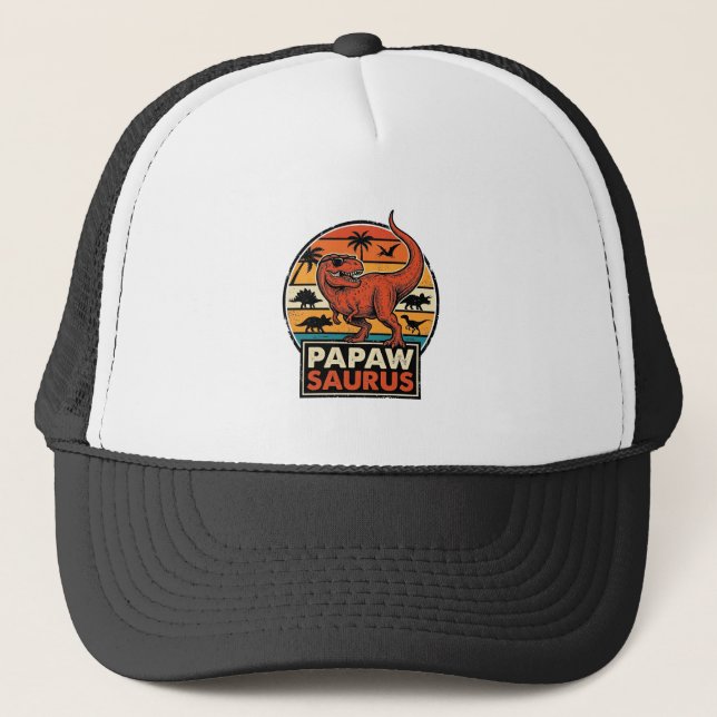 Papawsaurus Retro Dinosaur Sunset Vector Design_1 Trucker Hat (Front)