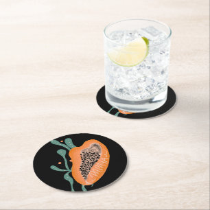 Papaya Hand Drawn Lettering Tropical Fruit Round Paper Coaster