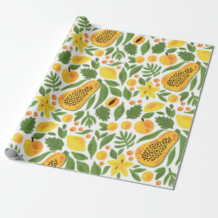 Papaya lemon peach mango fruits exotic tropic seam wrapping paper