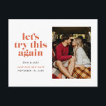 Papaya Let's Try This Again Change the Date Announcement Postcard<br><div class="desc">Let your friends and family know about the change in your wedding plans with this change the date postcard. It features papaya or coral coloured letters and space for a single photo on the front as well as your names and your new wedding date. The back of the postcard has...</div>