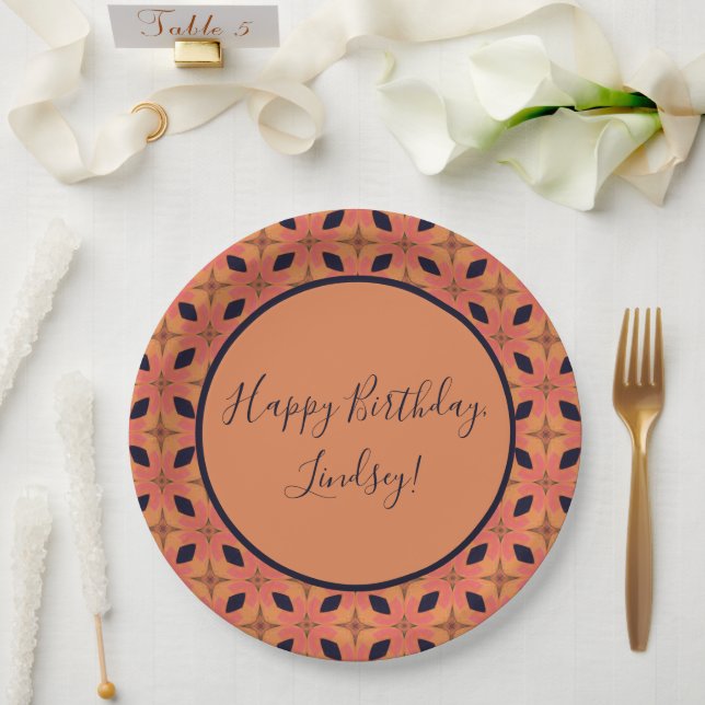 Papaya Orange and Black Retro Tropical Pattern Paper Plate (Wedding)